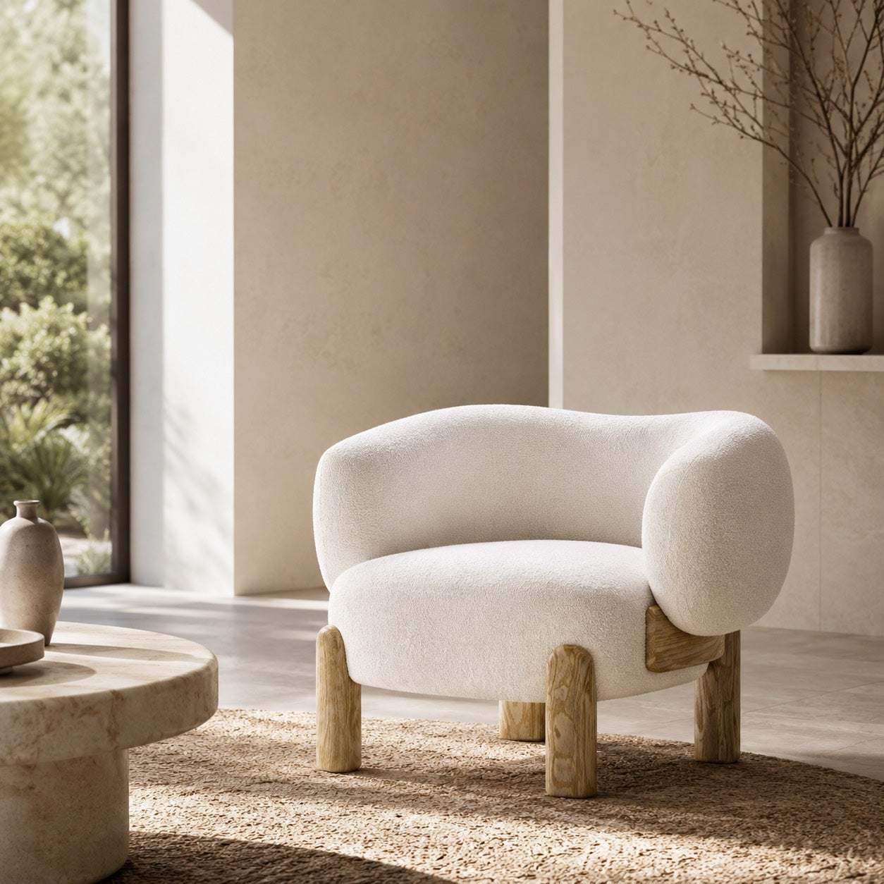 Contemporary Small Armchair with Curved Backrest Solid Wood Base Upholstered Seat Compact Design | ribuella