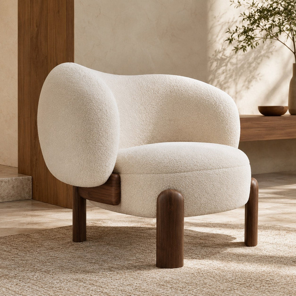 Contemporary Small Armchair with Curved Backrest Solid Wood Base Upholstered Seat Compact Design | ribuella