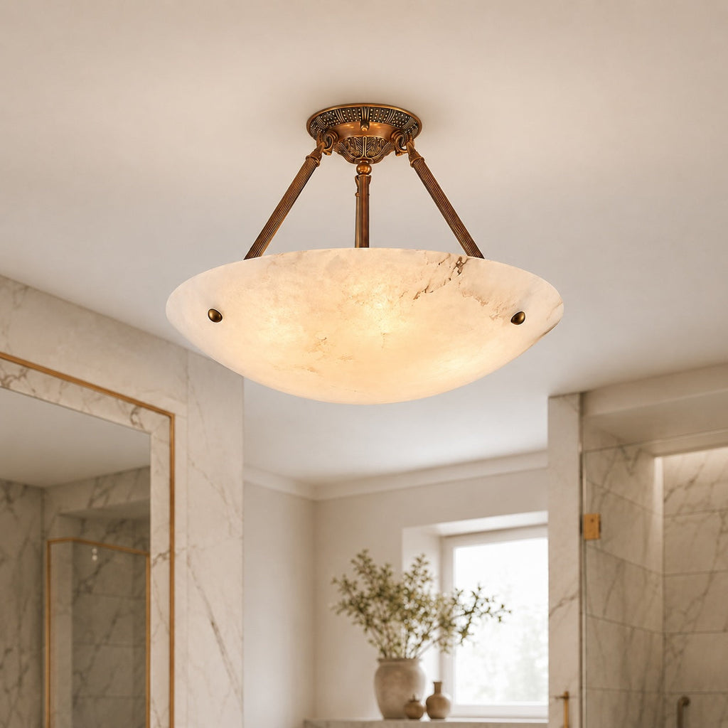 Plafonnier moderne à montage affleurant, bol en albâtre, cadre en laiton vieilli, LED, abat-jour blanc chaud | ribuella