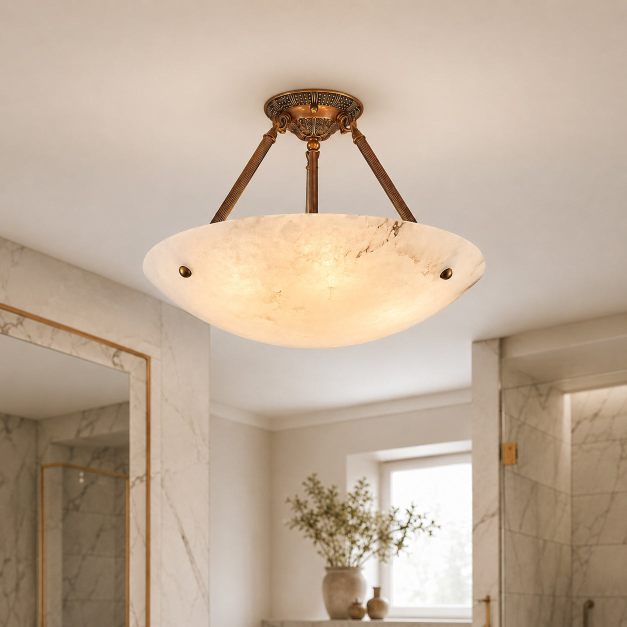Plafonnier moderne à montage affleurant, bol en albâtre, cadre en laiton vieilli, LED, abat-jour blanc chaud | ribuella