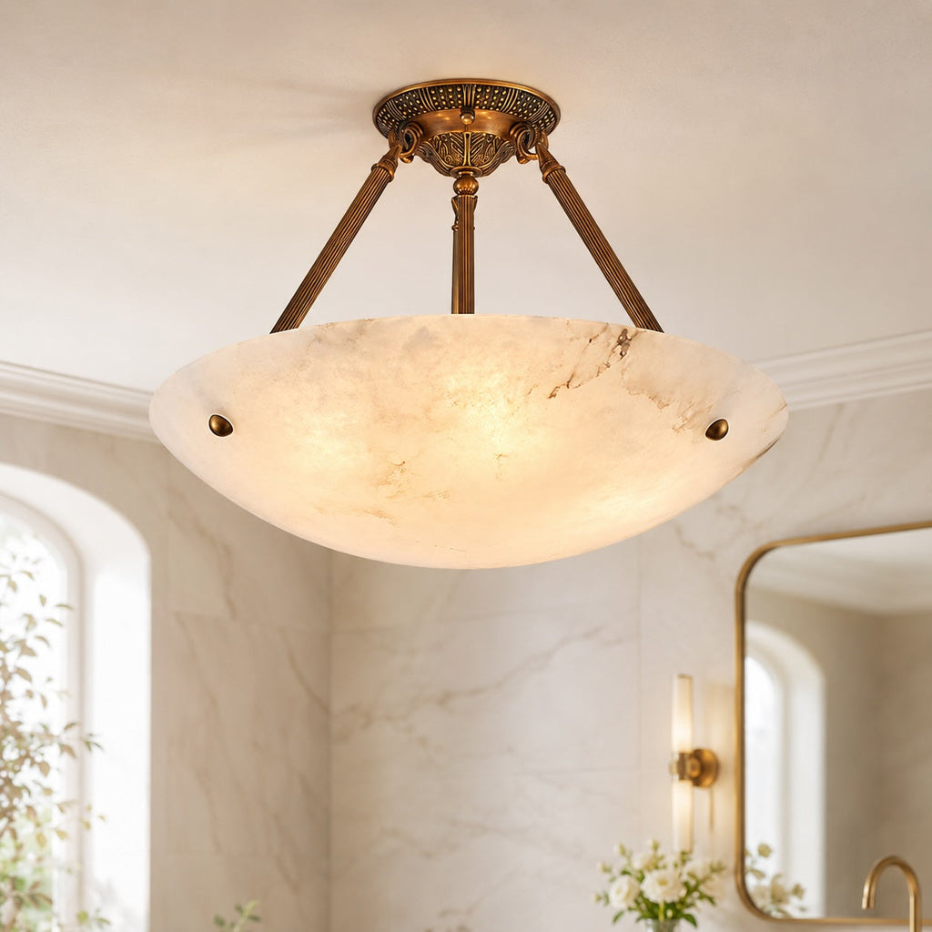 Plafonnier moderne à montage affleurant, bol en albâtre, cadre en laiton vieilli, LED, abat-jour blanc chaud | ribuella