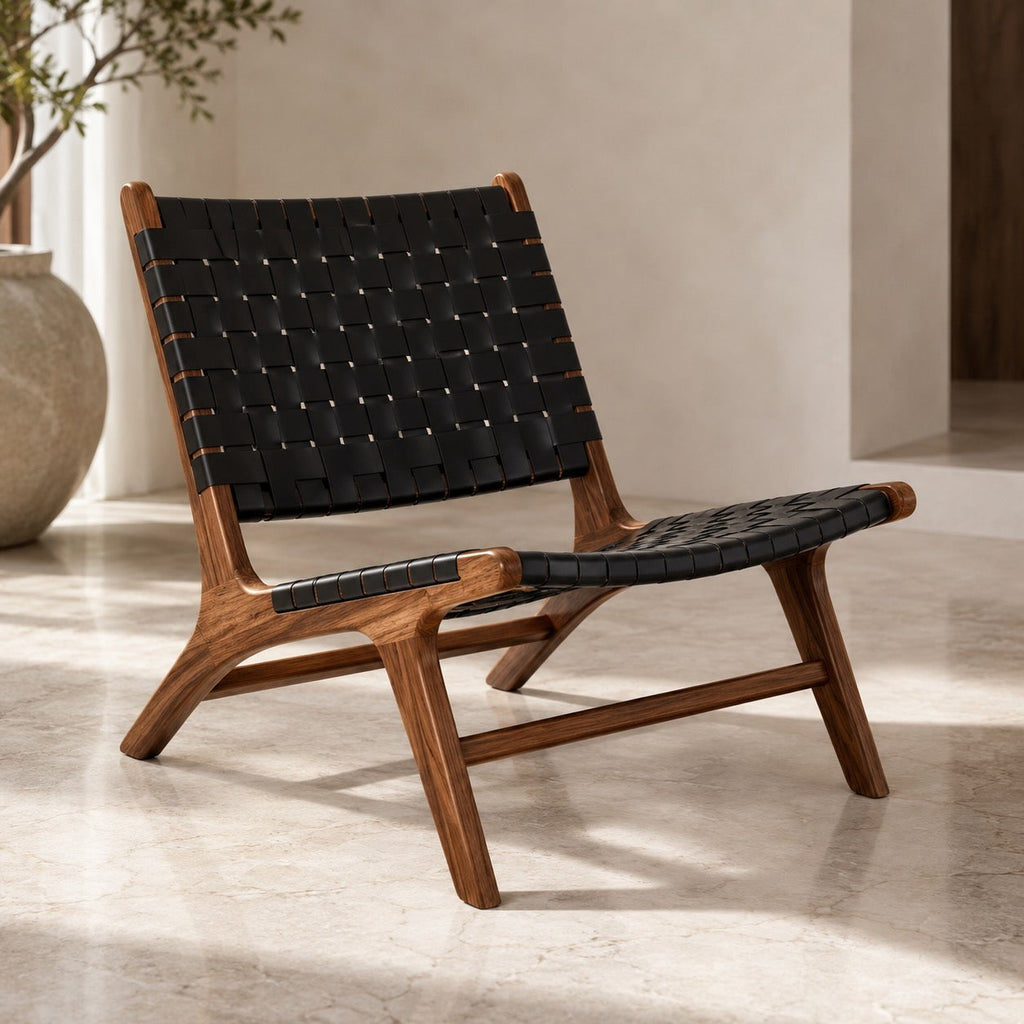 Modern Woven Leather Accent Chair with Solid Wood Frame and 107-Degree Recline | ribuella