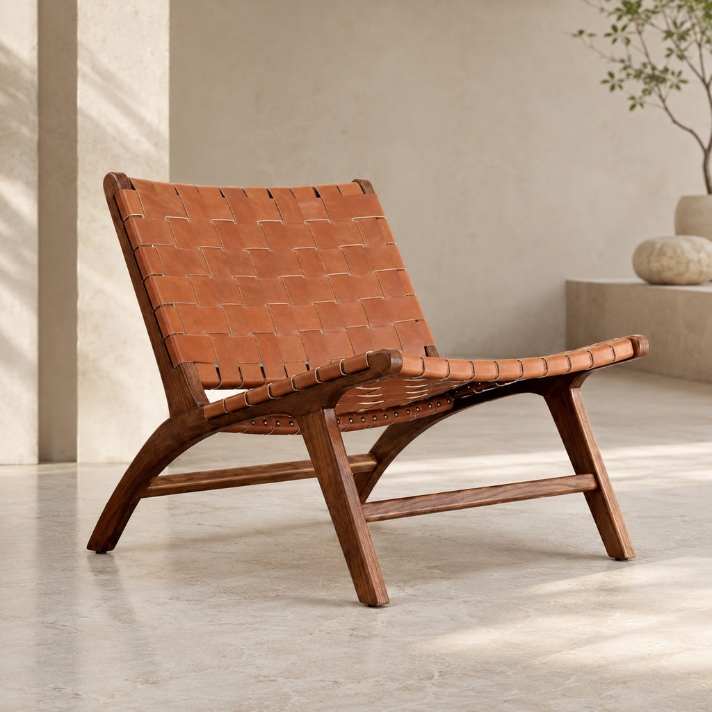 Modern Woven Leather Accent Chair with Solid Wood Frame and 107-Degree Recline | ribuella