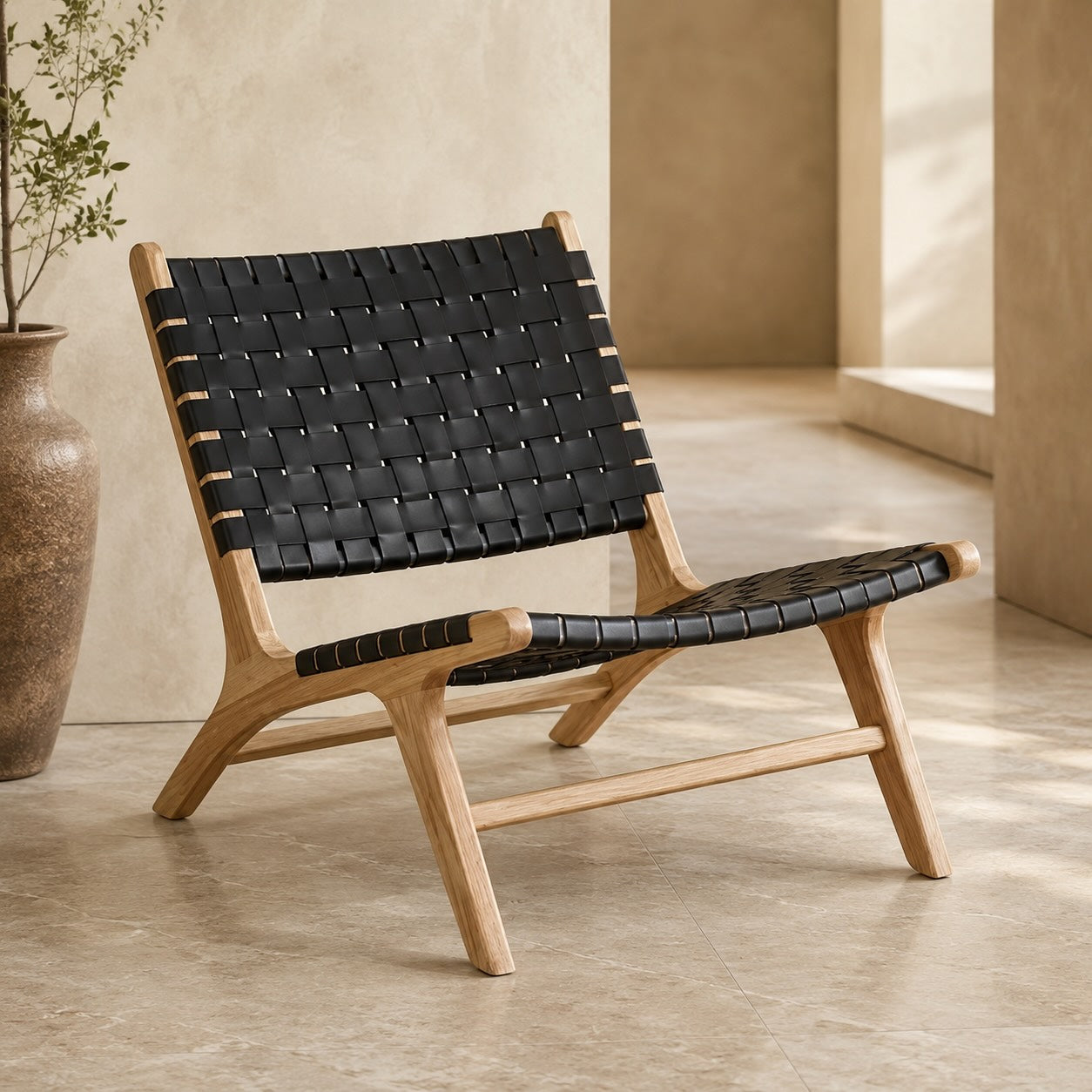 Modern Woven Leather Accent Chair with Solid Wood Frame and 107-Degree Recline | ribuella
