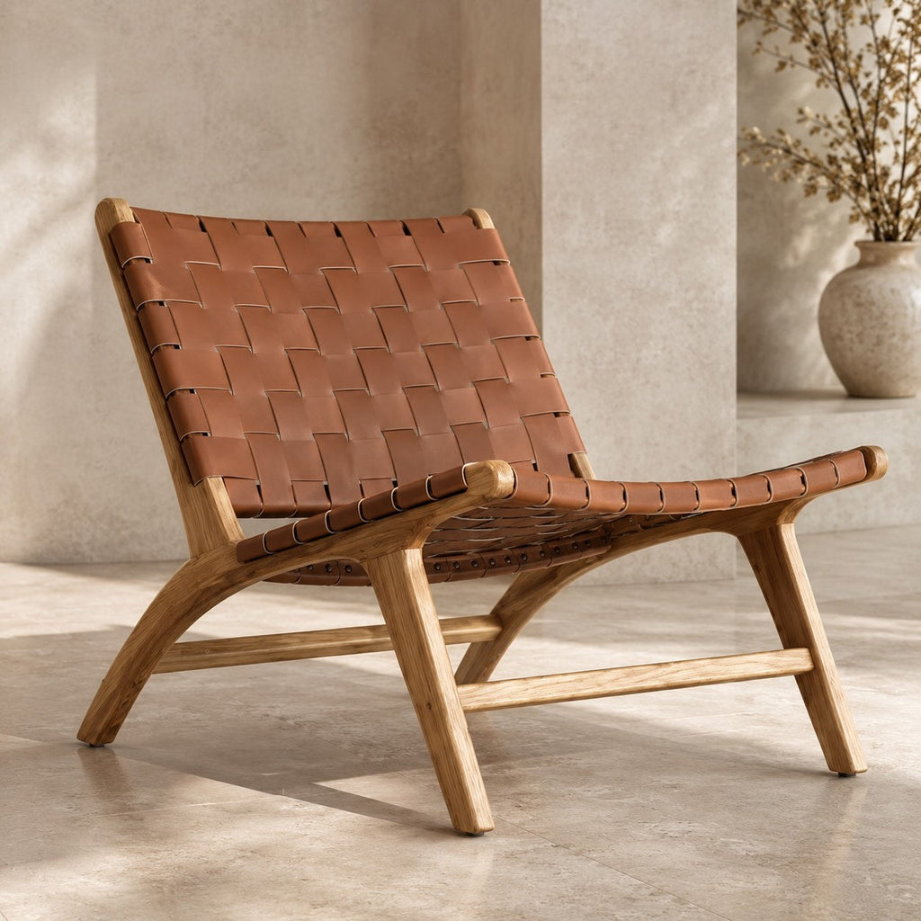 Modern Woven Leather Accent Chair with Solid Wood Frame and 107-Degree Recline | ribuella