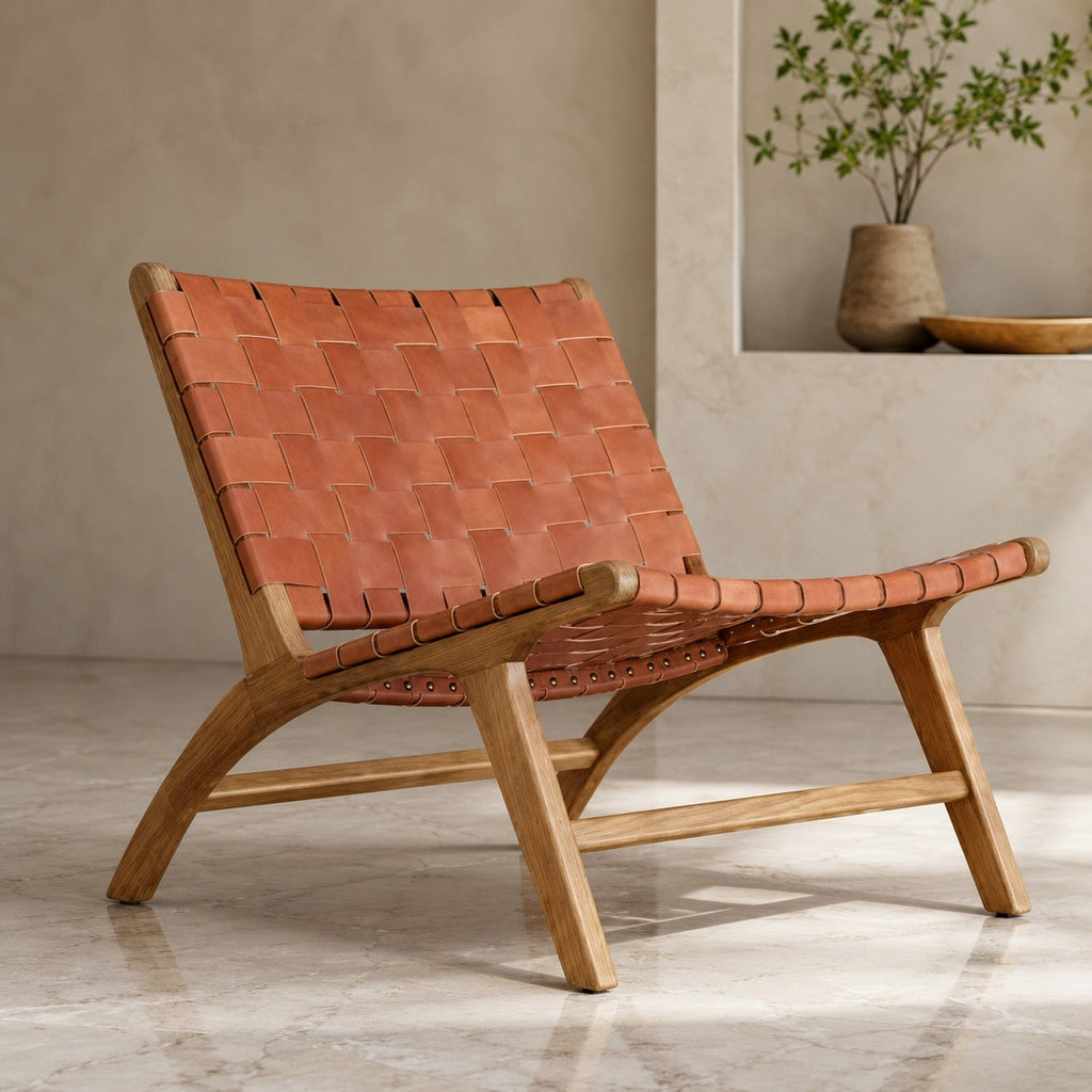 Modern Woven Leather Accent Chair with Solid Wood Frame and 107-Degree Recline | ribuella