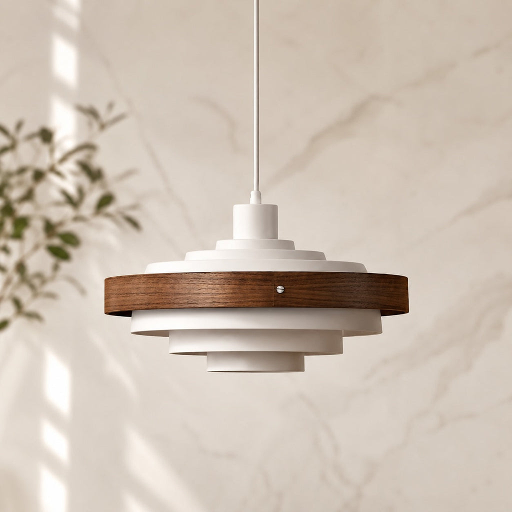 Modern Drum Pendant Light Hanging Adjustable Height Metal and Wood Design LED Compatible 15 Inches | ribuella