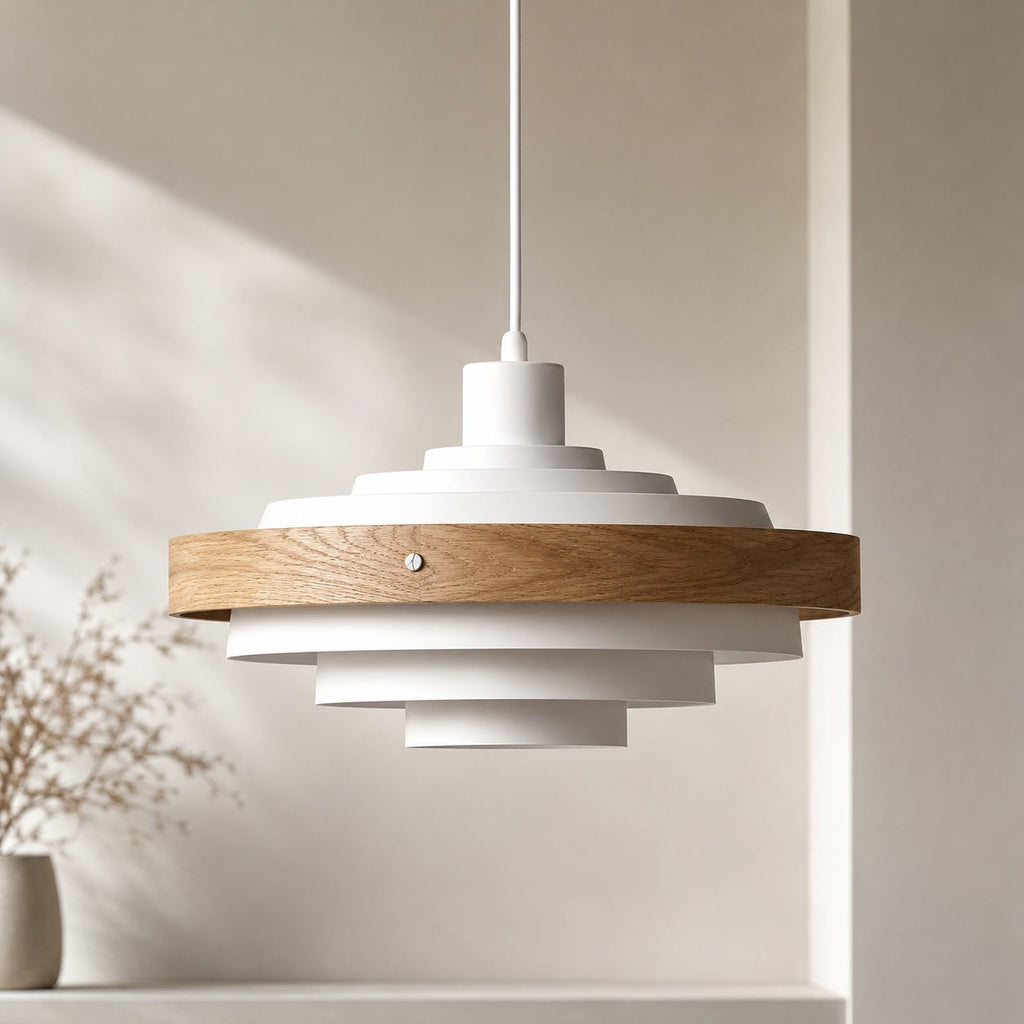 Modern Drum Pendant Light Hanging Adjustable Height Metal and Wood Design LED Compatible 15 Inches | ribuella