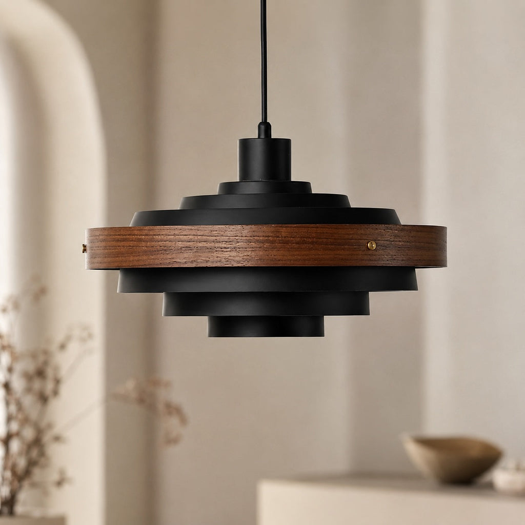 Modern Drum Pendant Light Hanging Adjustable Height Metal and Wood Design LED Compatible 15 Inches | ribuella