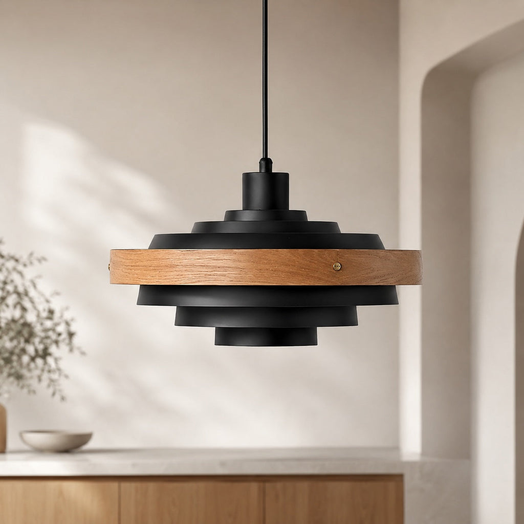Modern Drum Pendant Light Hanging Adjustable Height Metal and Wood Design LED Compatible 15 Inches | ribuella