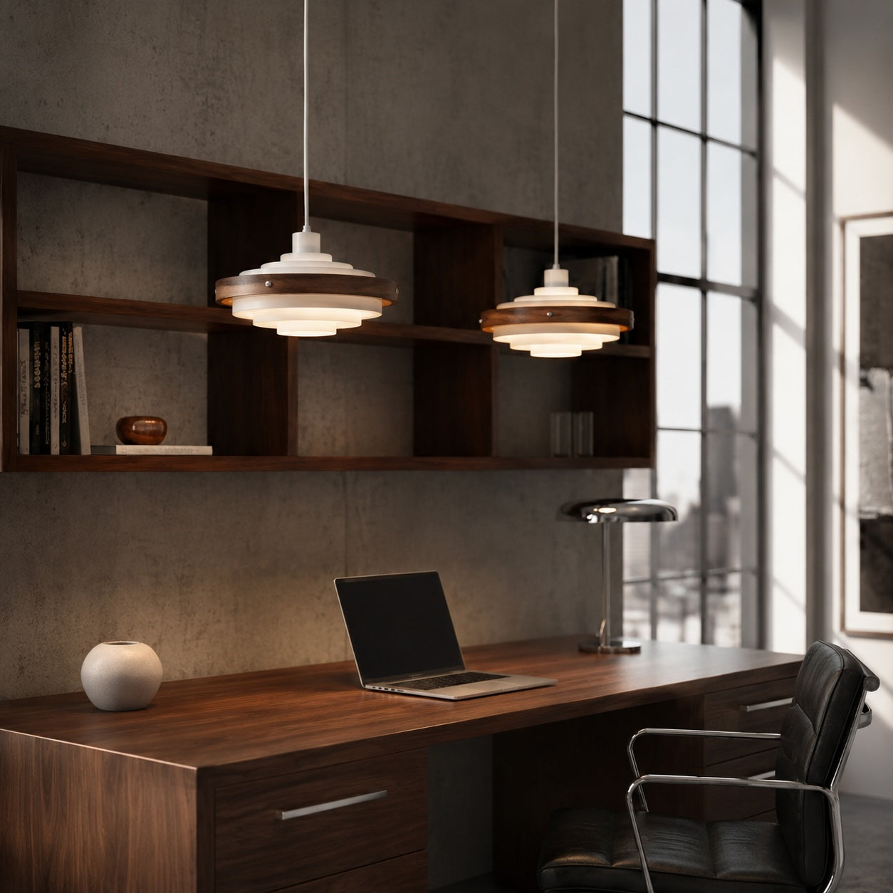 Modern Drum Pendant Light Hanging Adjustable Height Metal and Wood Design LED Compatible 15 Inches | ribuella
