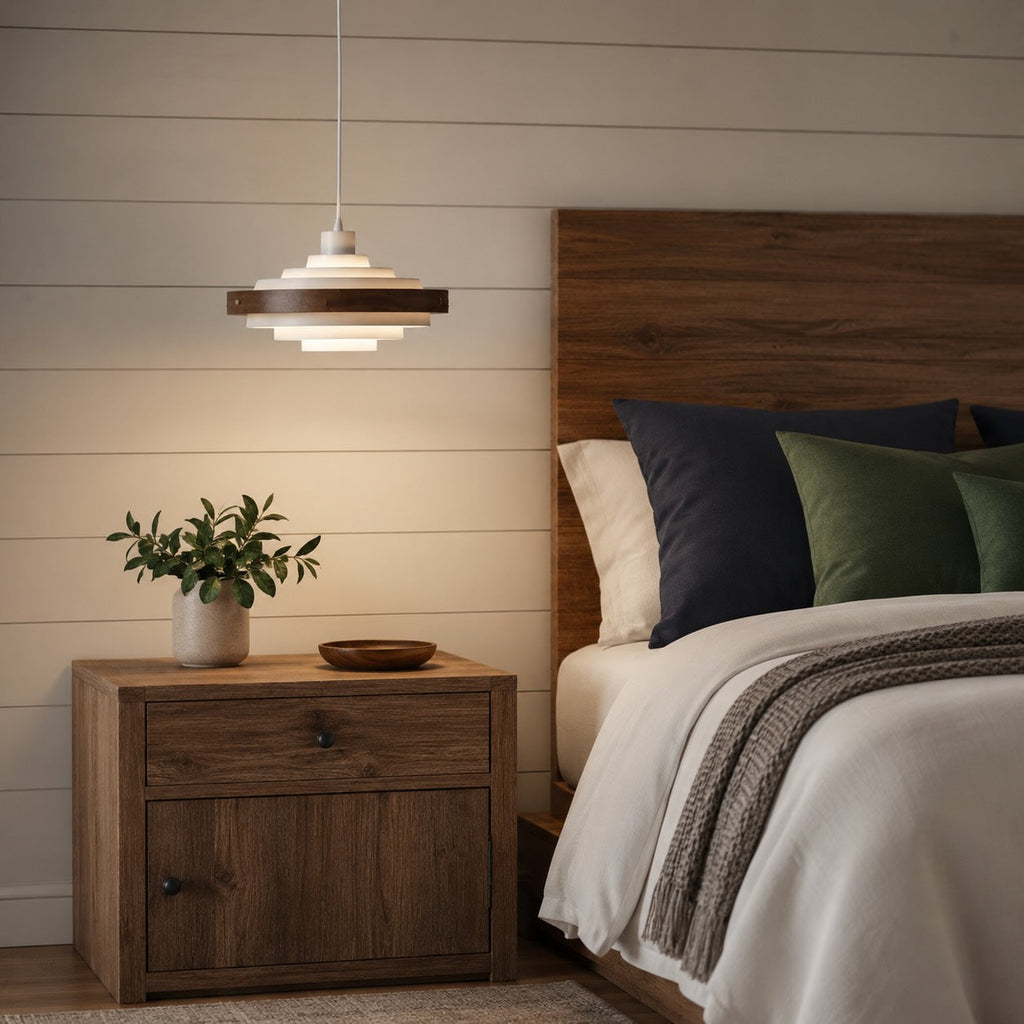 Modern Drum Pendant Light Hanging Adjustable Height Metal and Wood Design LED Compatible 15 Inches | ribuella