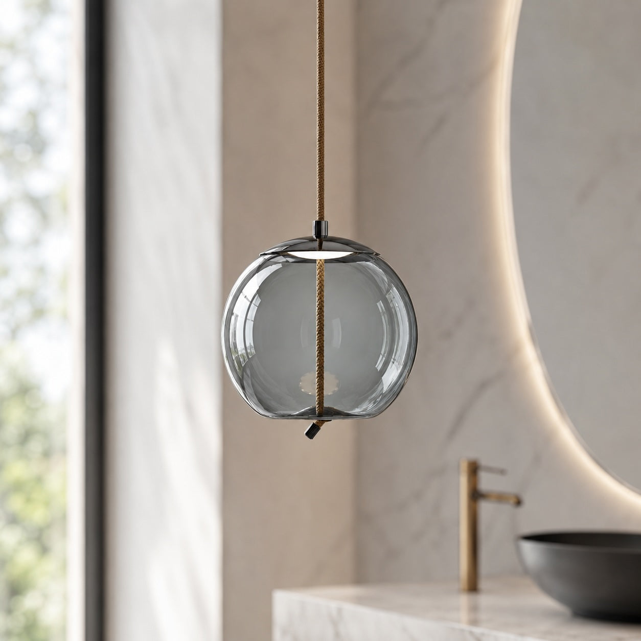 Suspension moderne en verre soufflé, luminaire suspendu avec LED réglable et accent en cuivre rose | ribuella
