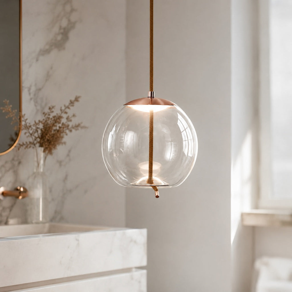 Suspension moderne en verre soufflé, luminaire suspendu avec LED réglable et accent en cuivre rose | ribuella