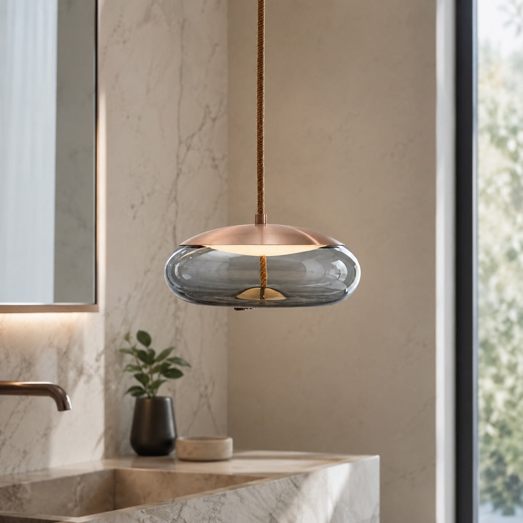 Suspension moderne en verre soufflé, luminaire suspendu avec LED réglable et accent en cuivre rose | ribuella