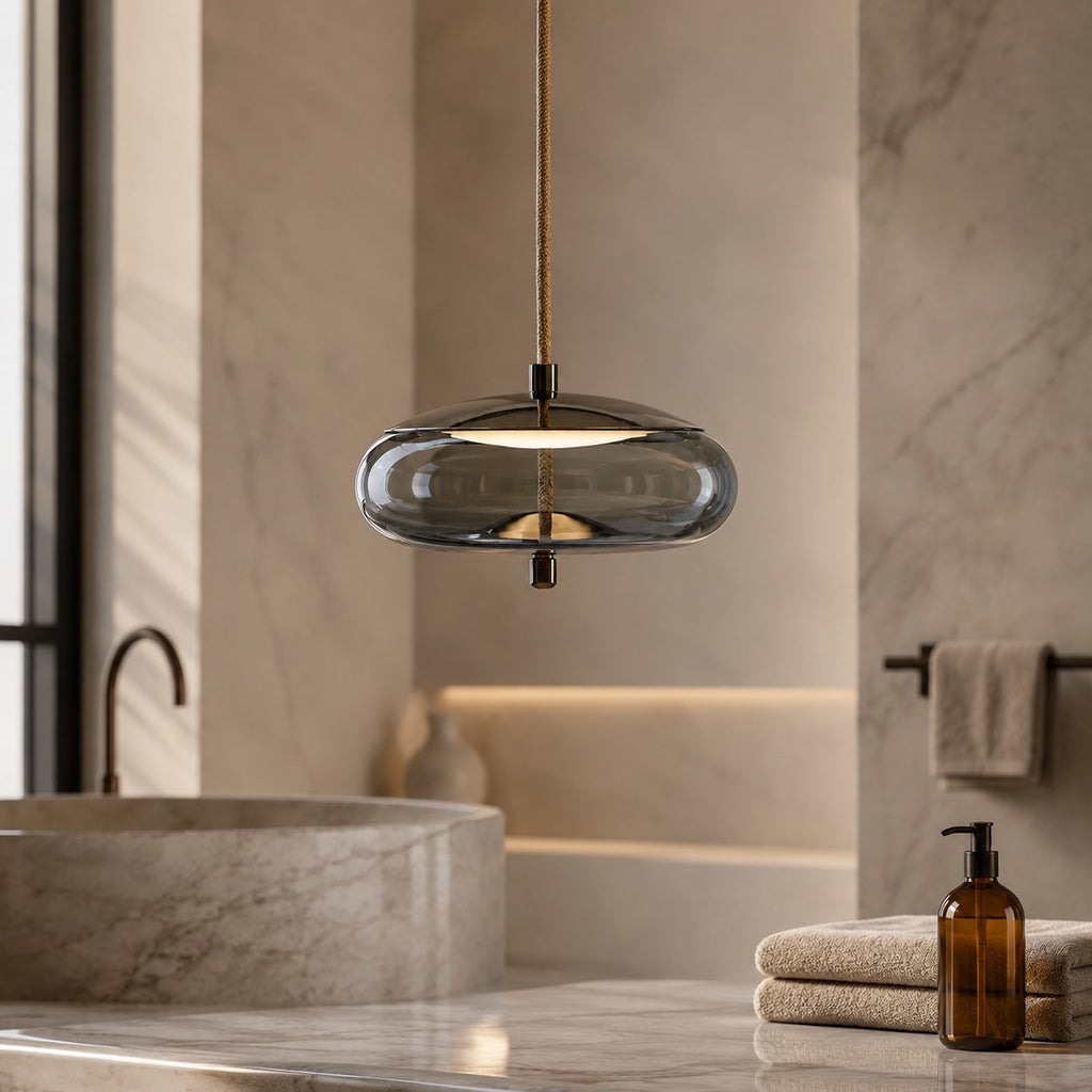 Suspension moderne en verre soufflé, luminaire suspendu avec LED réglable et accent en cuivre rose | ribuella