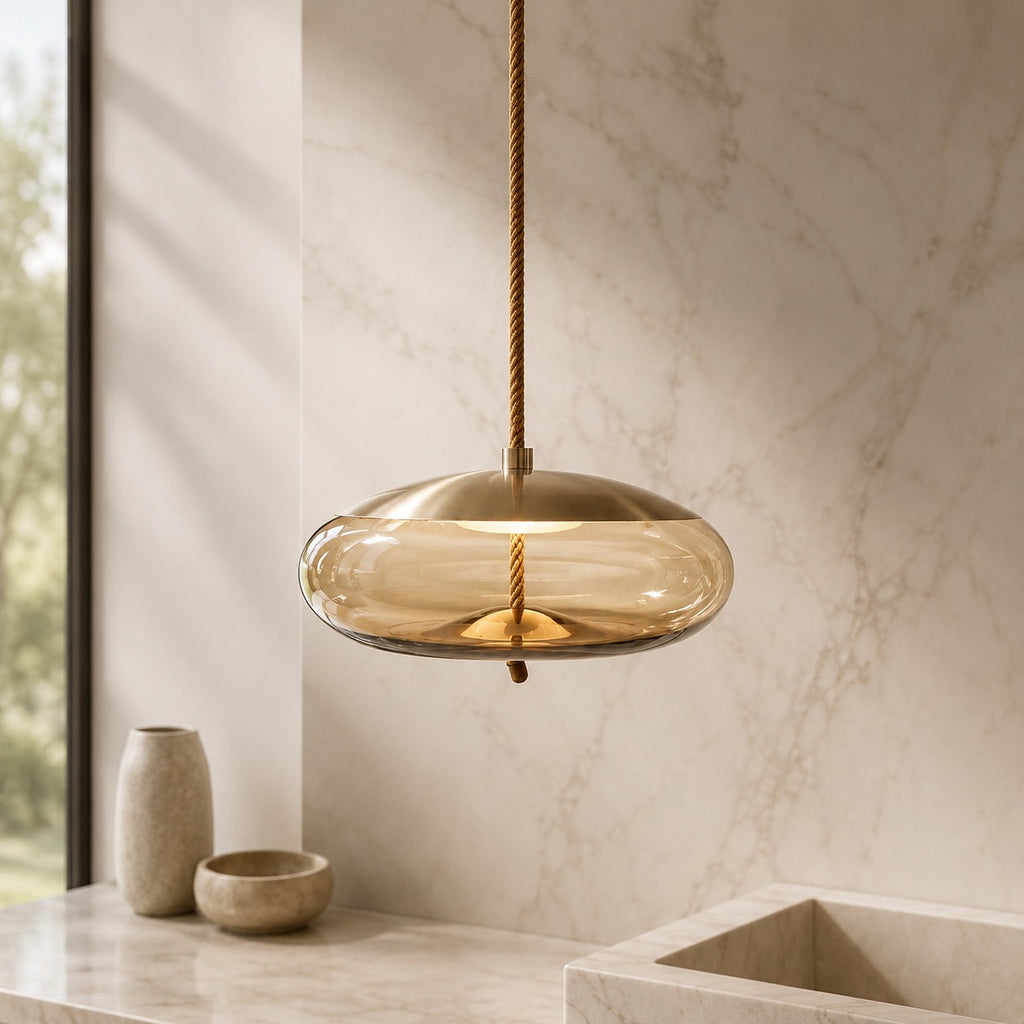 Suspension moderne en verre soufflé, luminaire suspendu avec LED réglable et accent en cuivre rose | ribuella