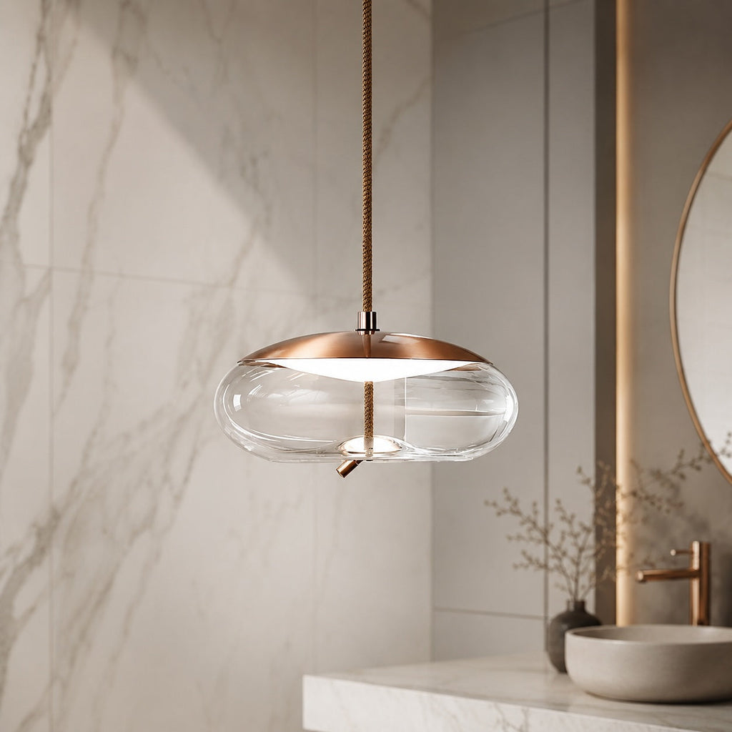 Suspension moderne en verre soufflé, luminaire suspendu avec LED réglable et accent en cuivre rose | ribuella
