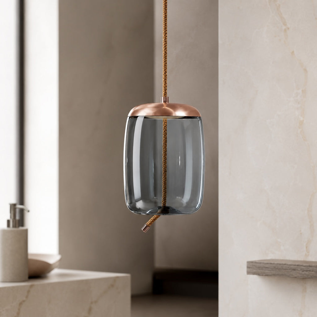 Suspension moderne en verre soufflé, luminaire suspendu avec LED réglable et accent en cuivre rose | ribuella