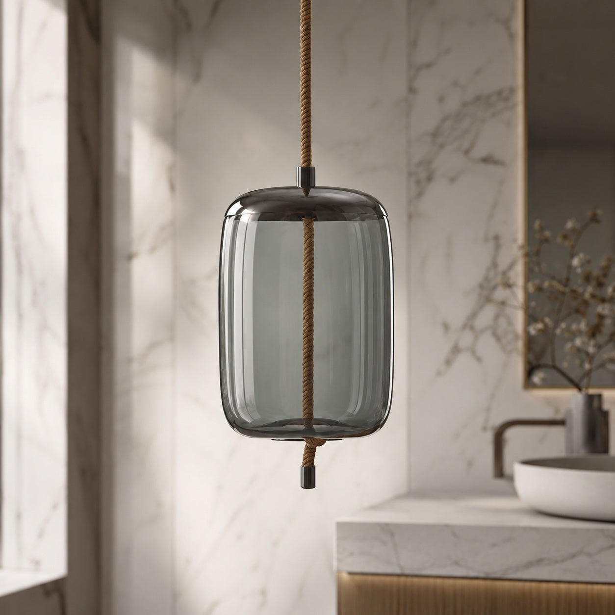 Suspension moderne en verre soufflé, luminaire suspendu avec LED réglable et accent en cuivre rose | ribuella