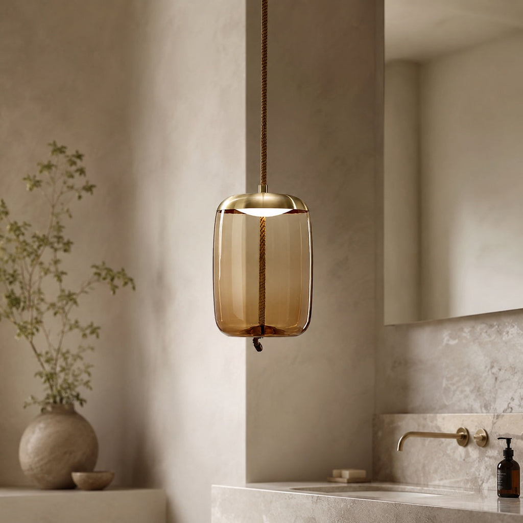 Suspension moderne en verre soufflé, luminaire suspendu avec LED réglable et accent en cuivre rose | ribuella