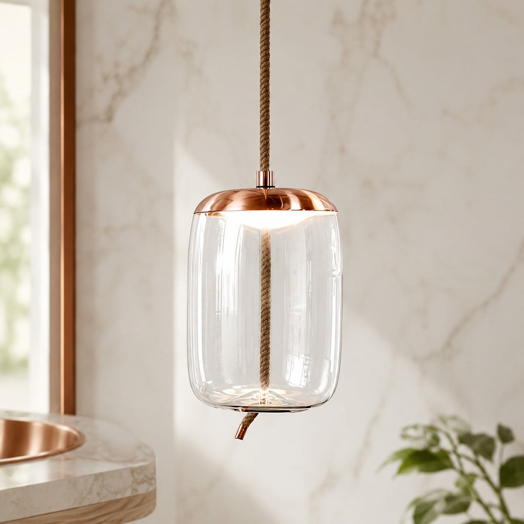 Suspension moderne en verre soufflé, luminaire suspendu avec LED réglable et accent en cuivre rose | ribuella