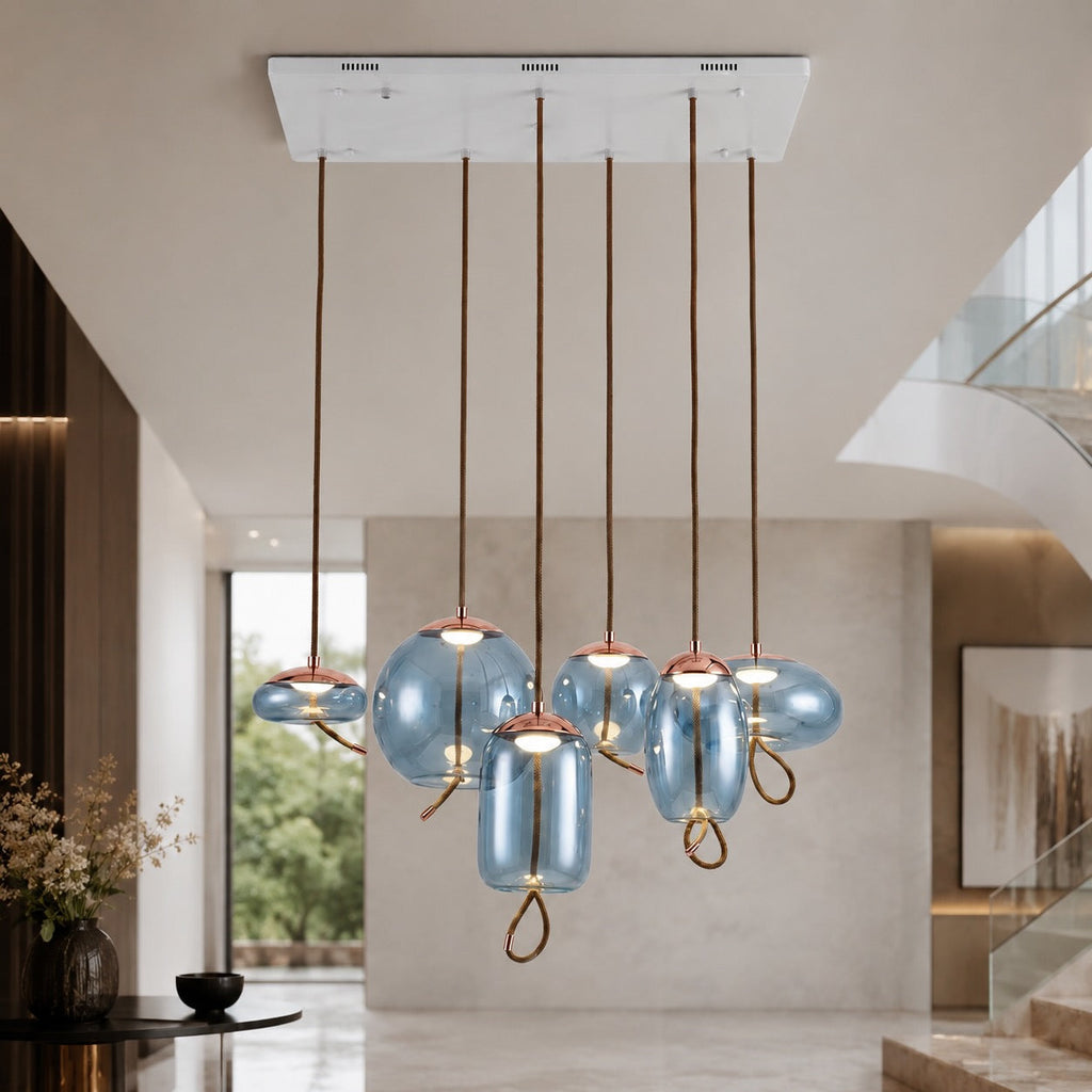Suspension moderne en verre soufflé, luminaire suspendu avec LED réglable et accent en cuivre rose | ribuella