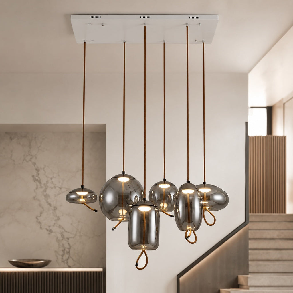 Suspension moderne en verre soufflé, luminaire suspendu avec LED réglable et accent en cuivre rose | ribuella