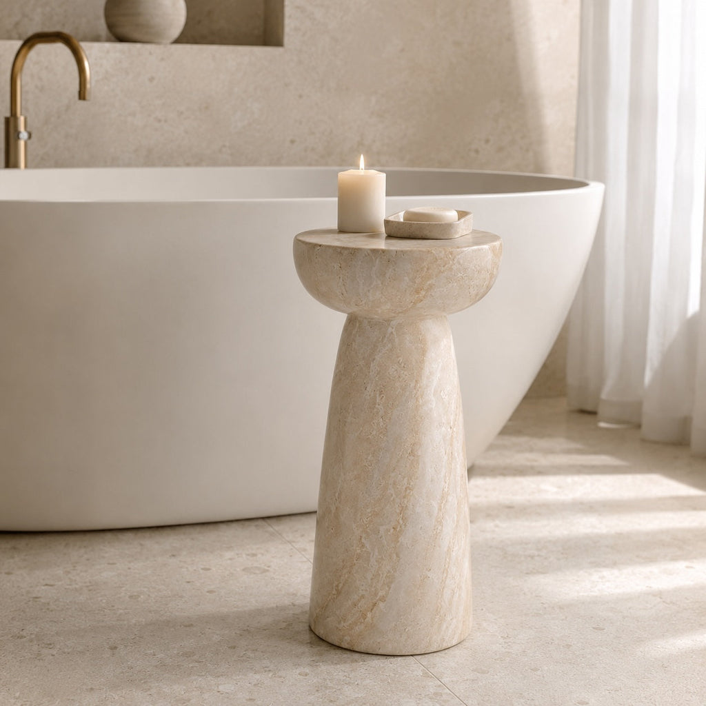 Modern Round Side Table Lightweight Design Faux Marble Finish Durable Glass Top | ribuella
