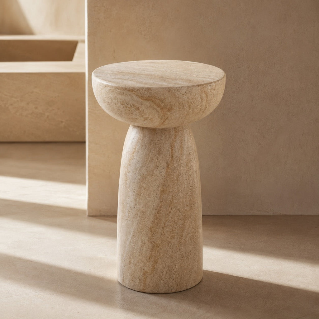 Modern Round Side Table Lightweight Design Faux Marble Finish Durable Glass Top | ribuella
