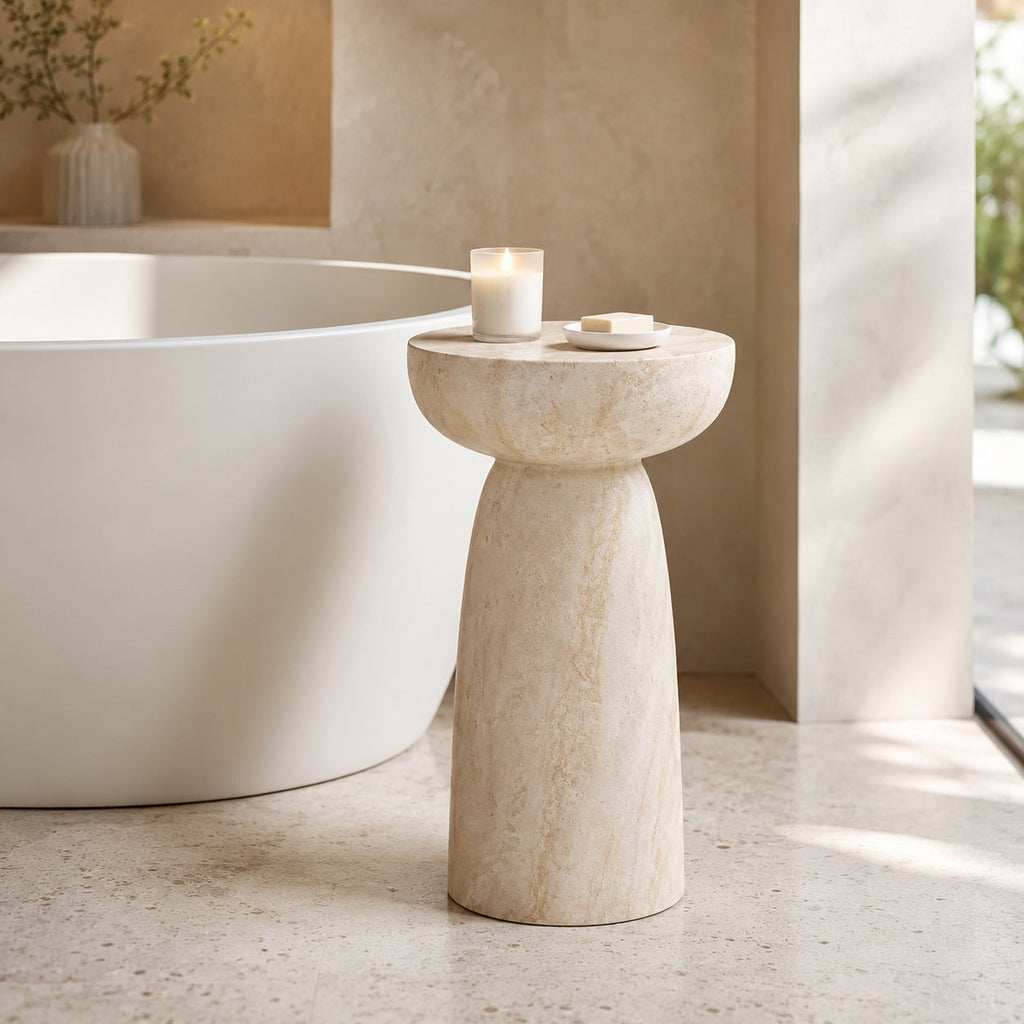 Modern Round Side Table Lightweight Design Faux Marble Finish Durable Glass Top | ribuella