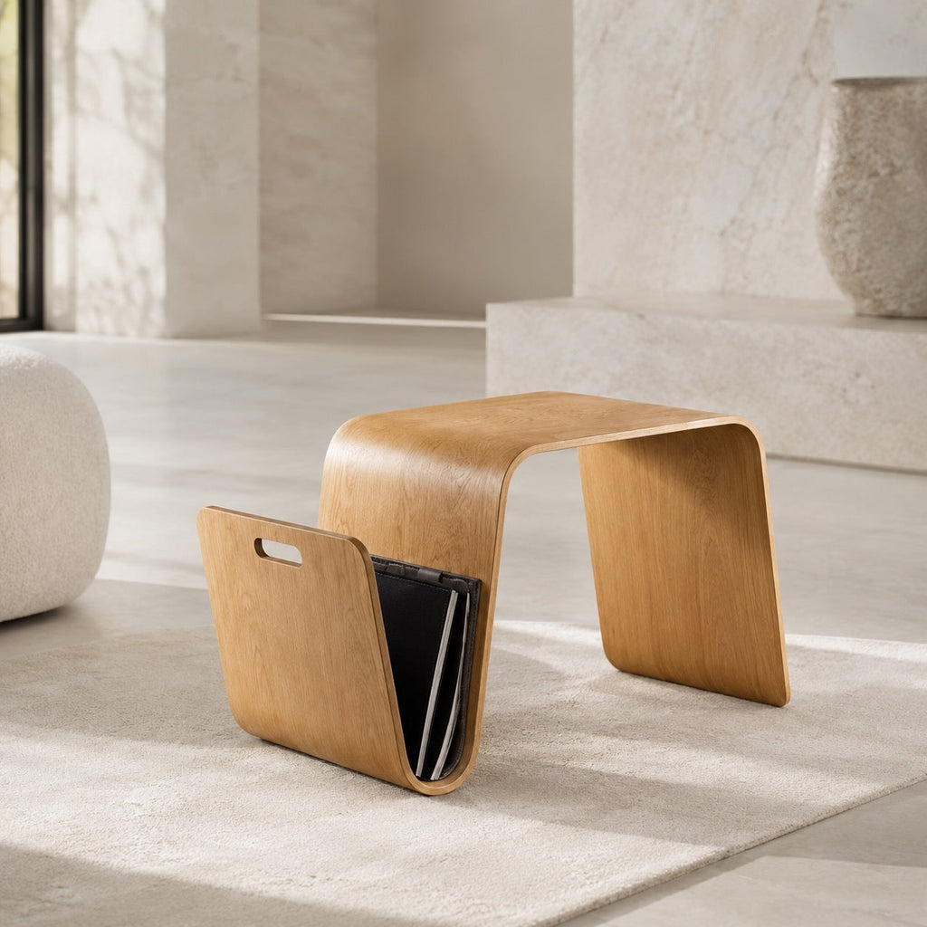 Modern Minimalist Bedside Table Solid Pine Wood Compact N-Shape with Open Shelf Storage | ribuella