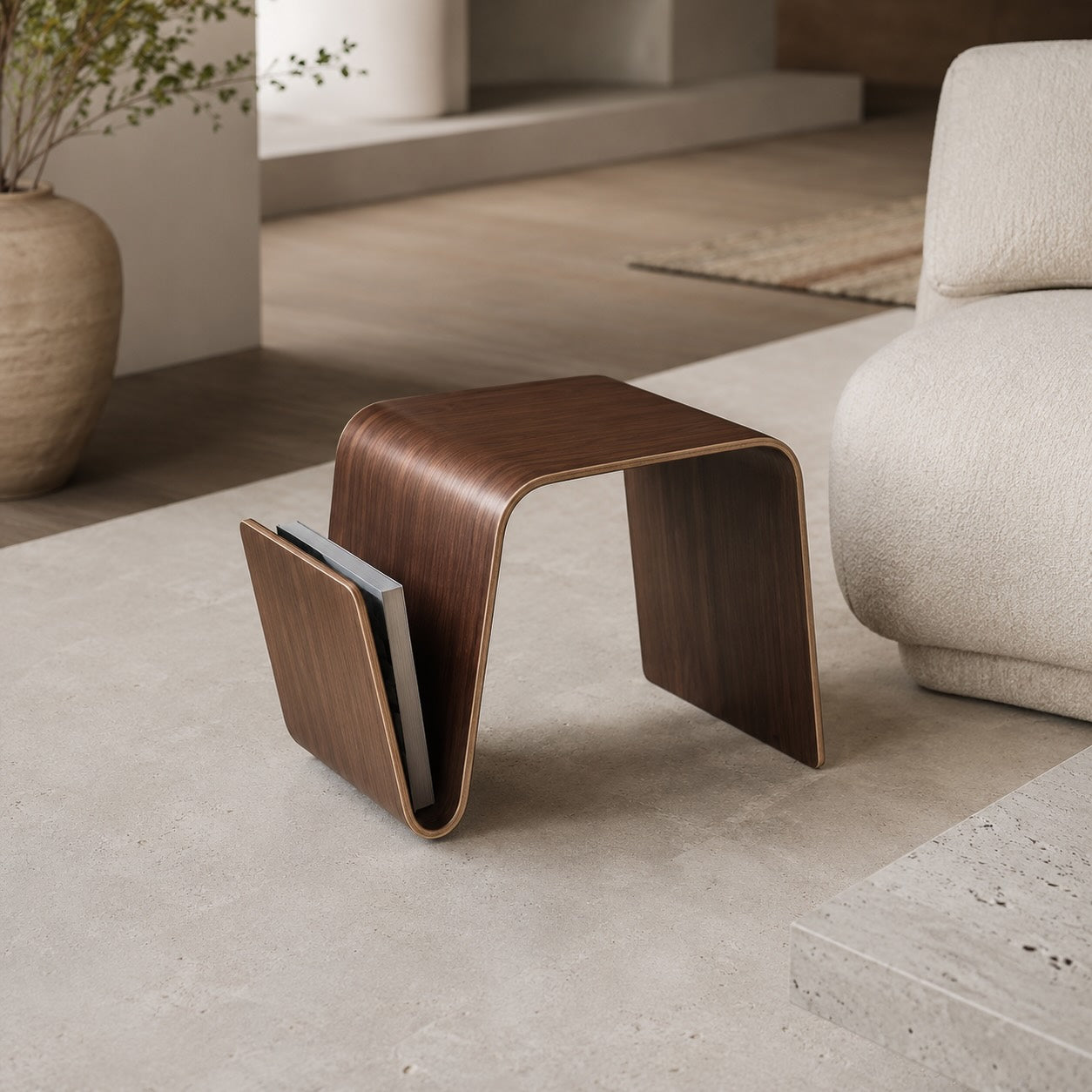 Modern Minimalist Bedside Table Solid Pine Wood Compact N-Shape with Open Shelf Storage | ribuella