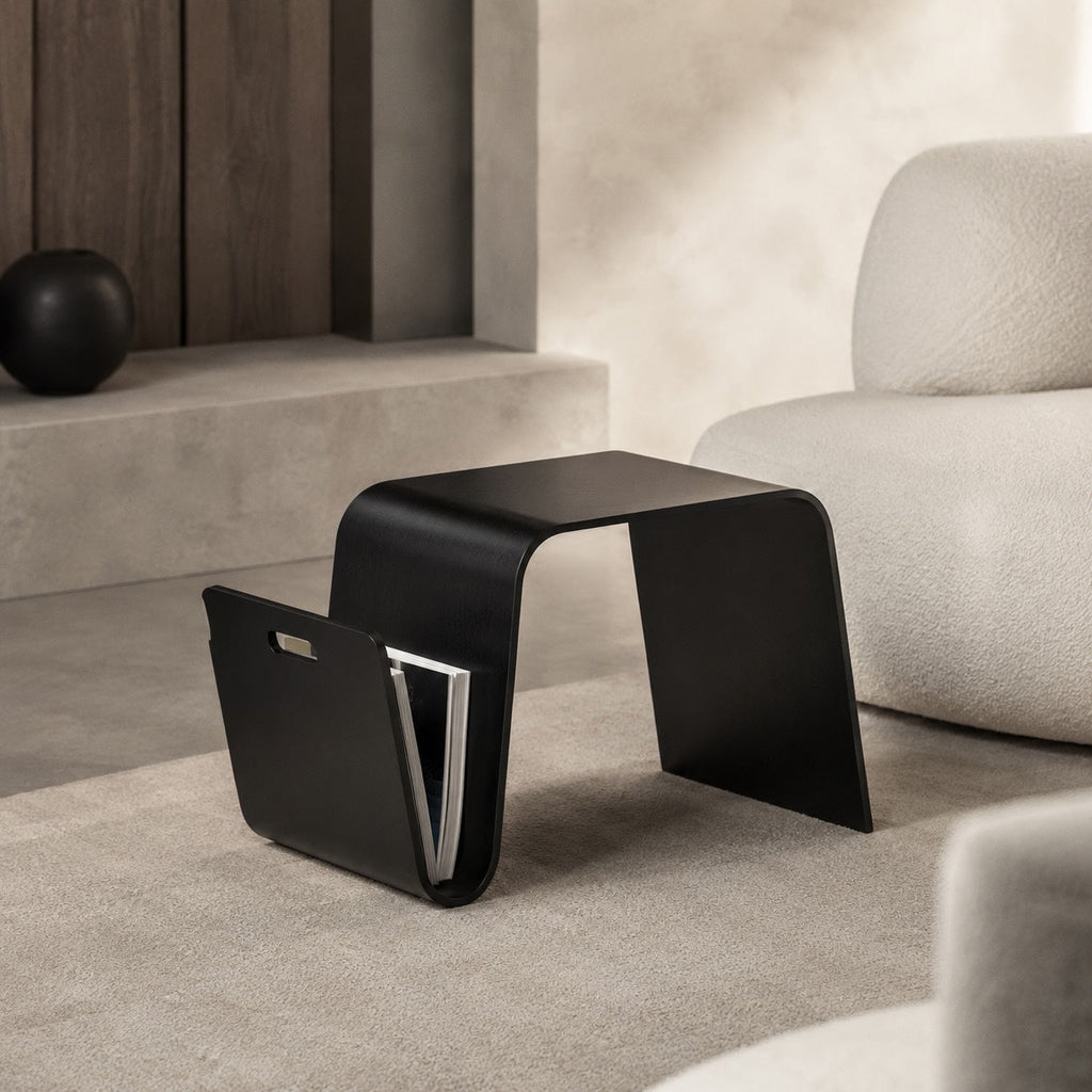 Modern Minimalist Bedside Table Solid Pine Wood Compact N-Shape with Open Shelf Storage | ribuella
