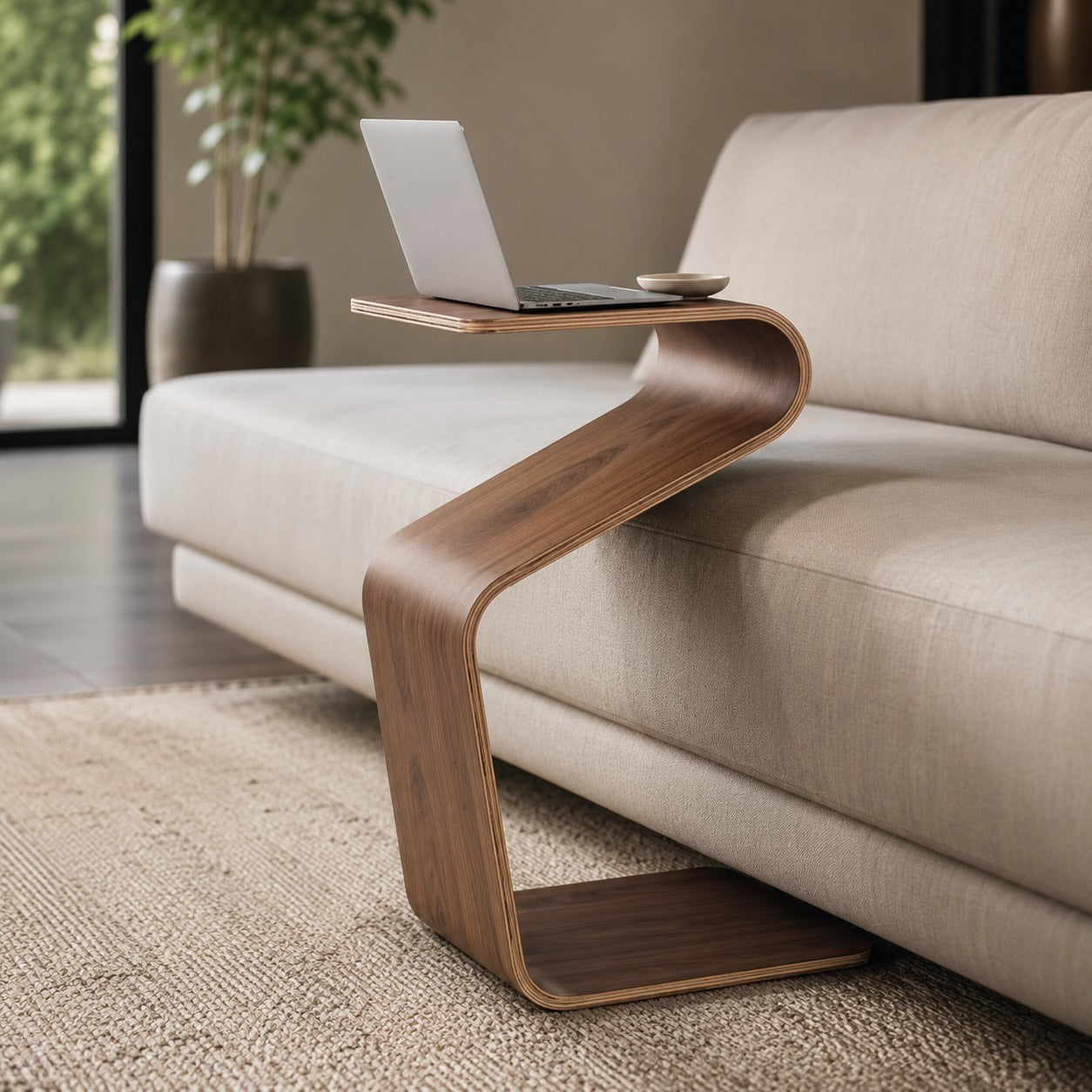 Modern Minimalist Bedside Table Solid Pine Wood Compact N-Shape with Open Shelf Storage | ribuella