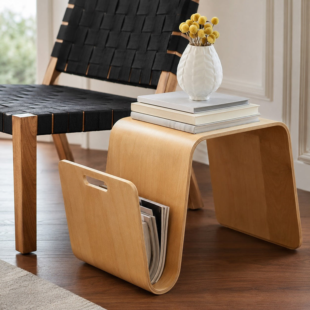 Modern Minimalist Bedside Table Solid Pine Wood Compact N-Shape with Open Shelf Storage | ribuella