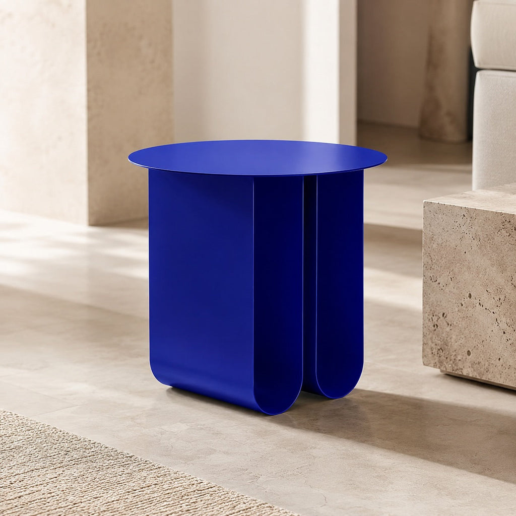 Modern Round Small Side Table Compact Iron Construction Easy Assembly Blue Finish | ribuella