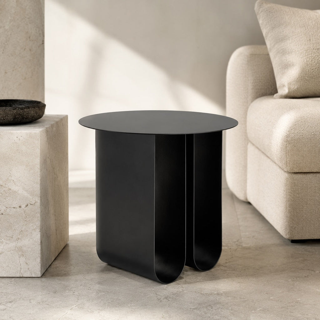 Modern Round Small Side Table Compact Iron Construction Easy Assembly Blue Finish | ribuella