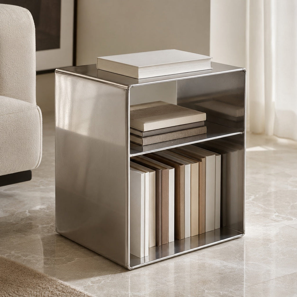 Minimalist Small Side Table Stainless Steel Compact Design with Functional Storage for Living Room | ribuella