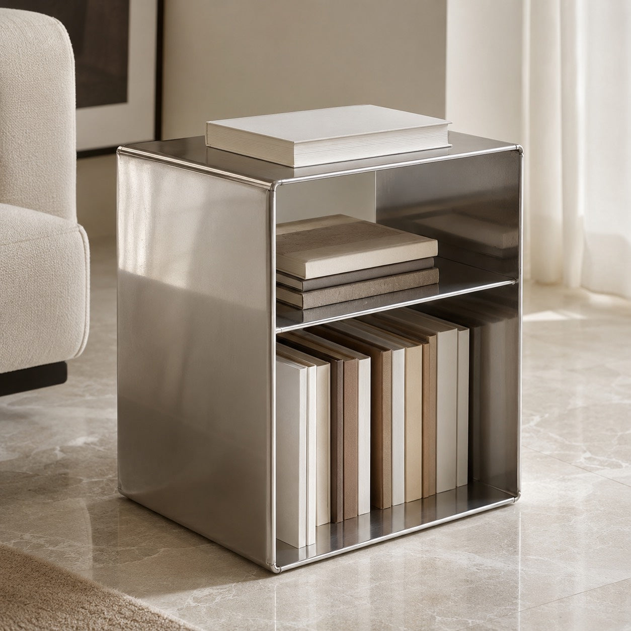 Minimalist Small Side Table Stainless Steel Compact Design with Functional Storage for Living Room | ribuella