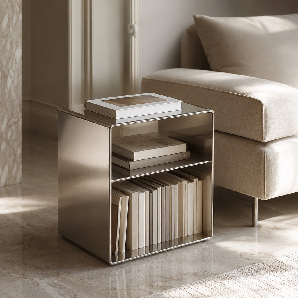 Minimalist Small Side Table Stainless Steel Compact Design with Functional Storage for Living Room | ribuella