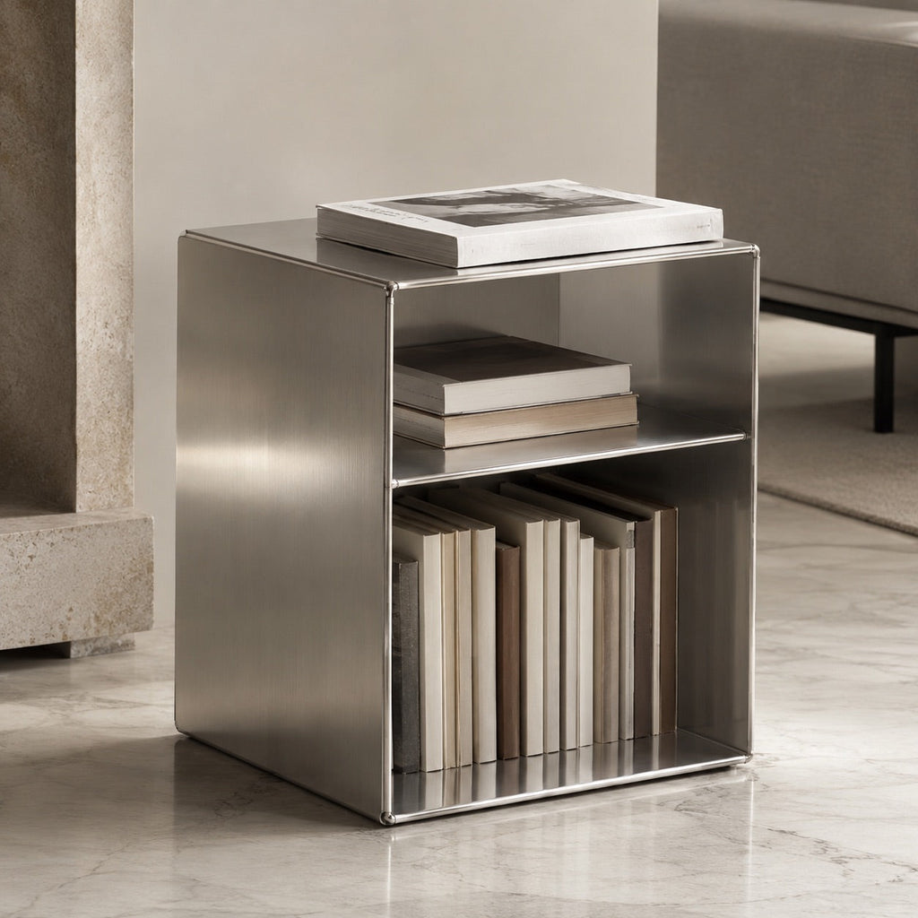 Minimalist Small Side Table Stainless Steel Compact Design with Functional Storage for Living Room | ribuella