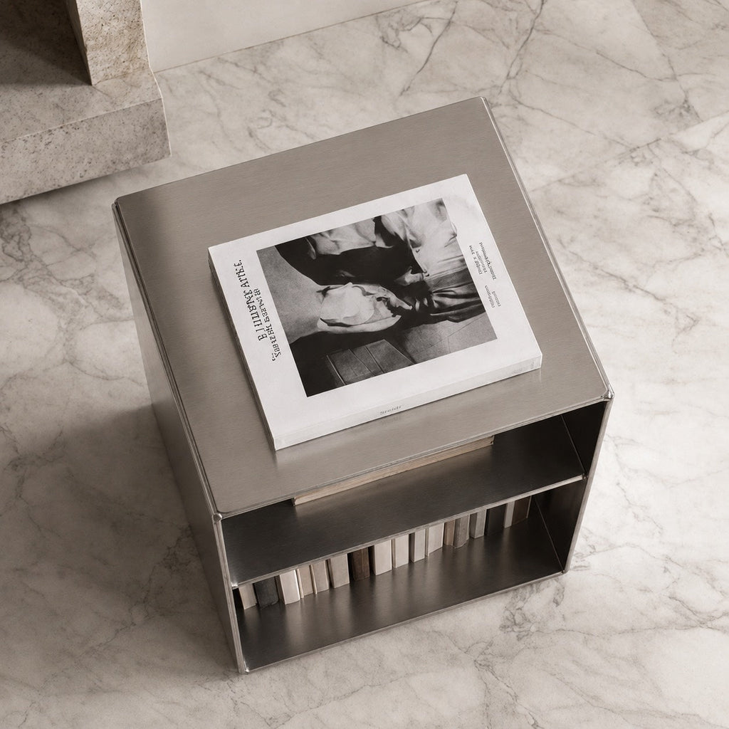 Minimalist Small Side Table Stainless Steel Compact Design with Functional Storage for Living Room | ribuella