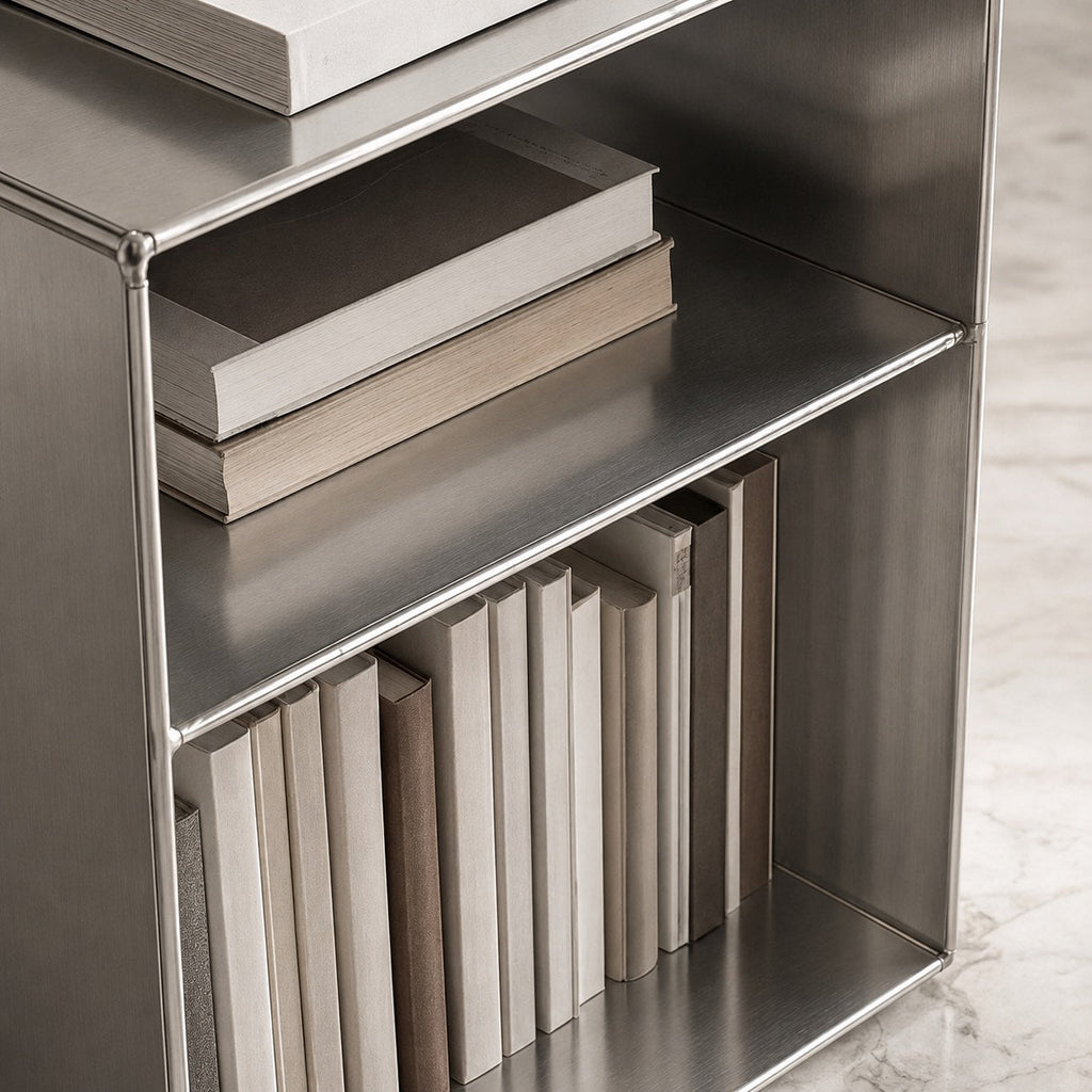 Minimalist Small Side Table Stainless Steel Compact Design with Functional Storage for Living Room | ribuella