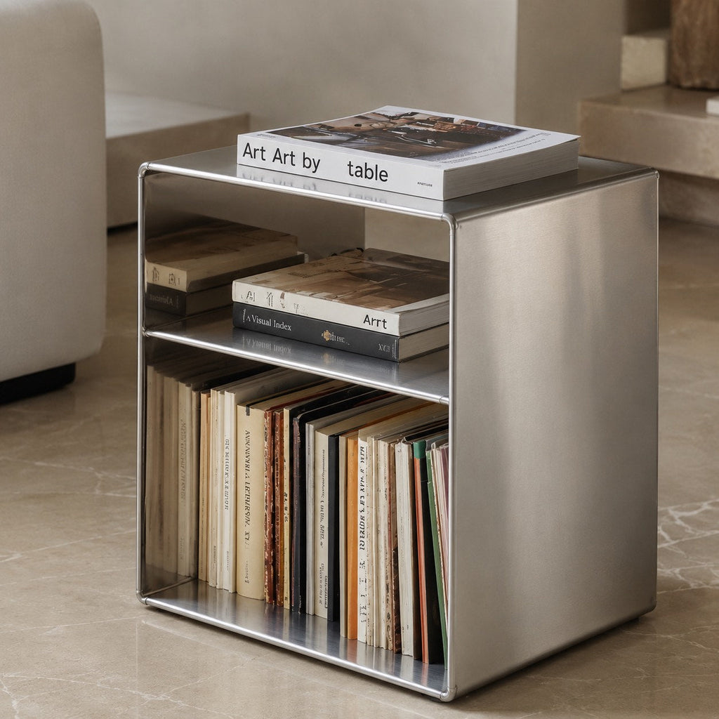 Minimalist Small Side Table Stainless Steel Compact Design with Functional Storage for Living Room | ribuella