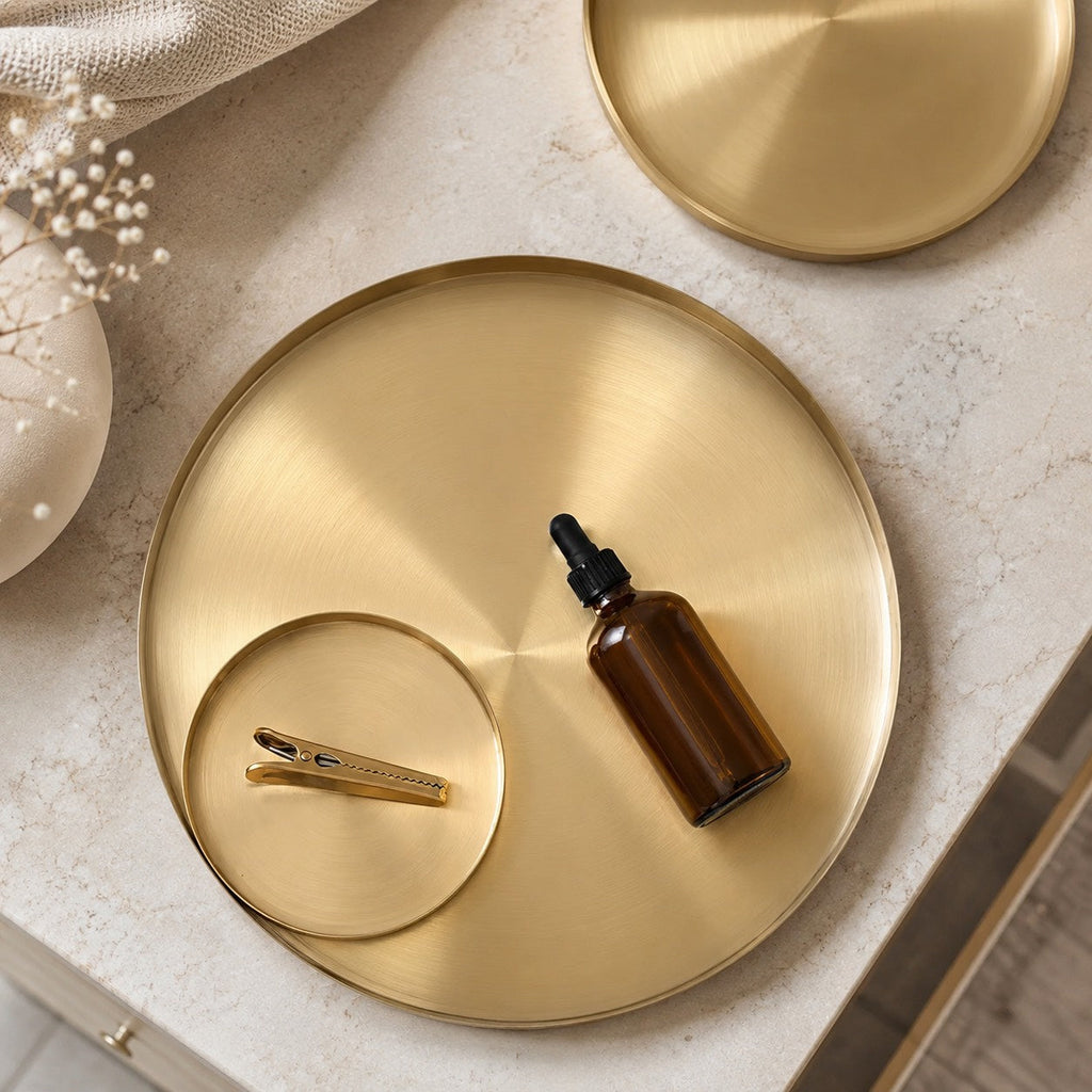 Modern Round Decorative Tray Stainless Steel Gold Finish Versatile Kitchen Organizer 12 Inch | ribuella