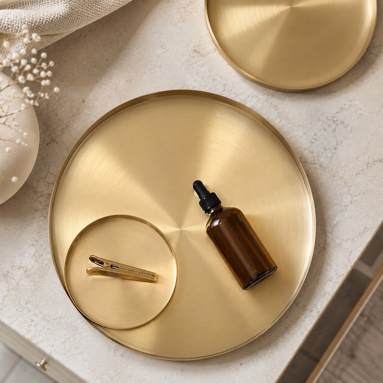 Modern Round Decorative Tray Stainless Steel Gold Finish Versatile Kitchen Organizer 12 Inch | ribuella