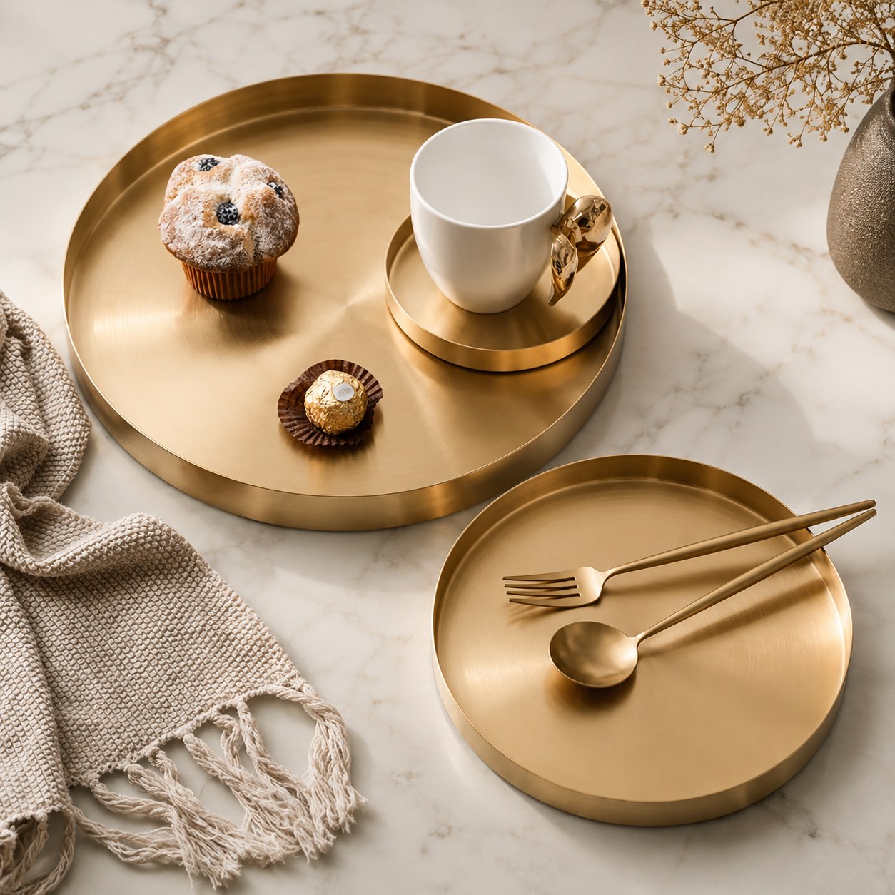 Modern Round Decorative Tray Stainless Steel Gold Finish Versatile Kitchen Organizer 12 Inch | ribuella