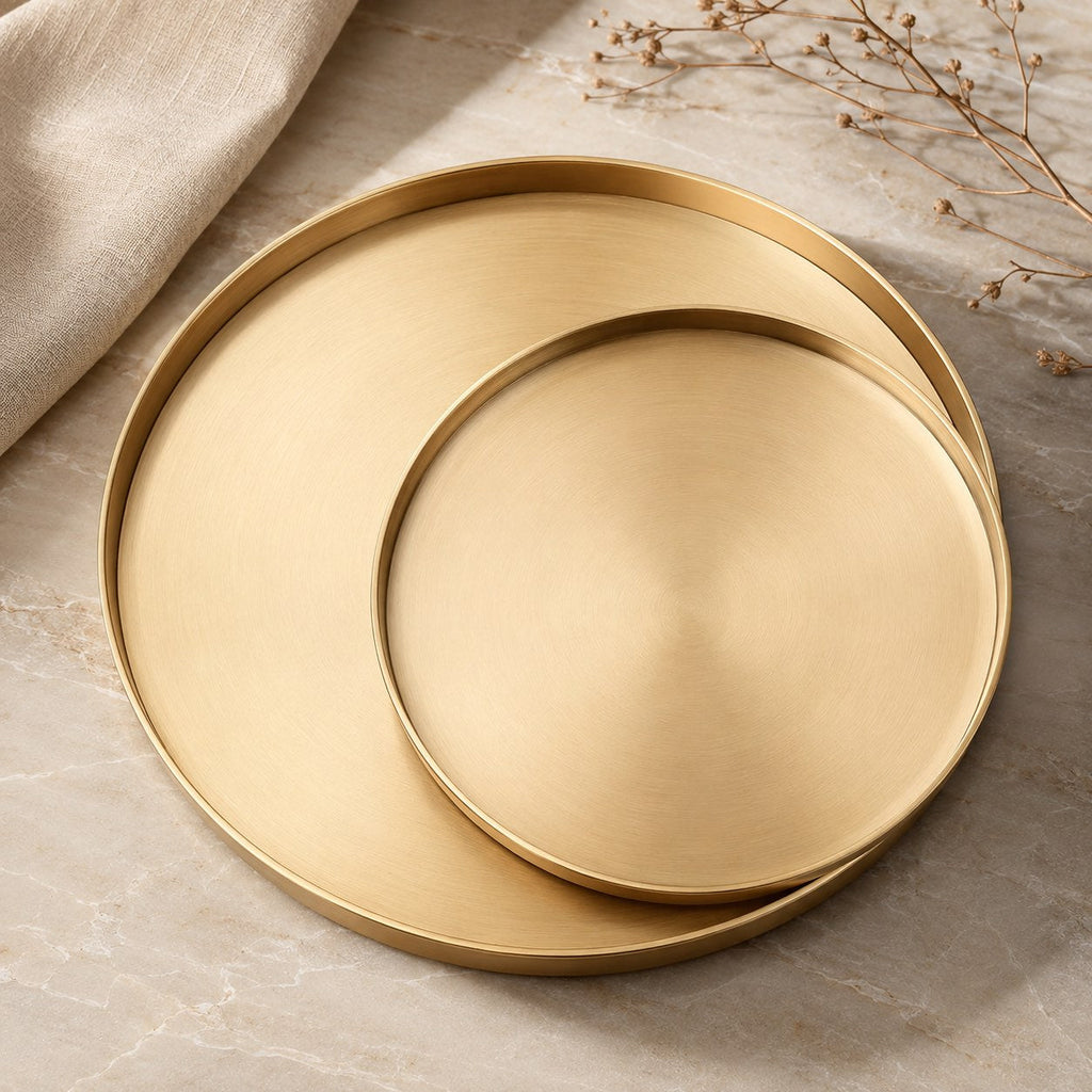 Modern Round Decorative Tray Stainless Steel Gold Finish Versatile Kitchen Organizer 12 Inch | ribuella