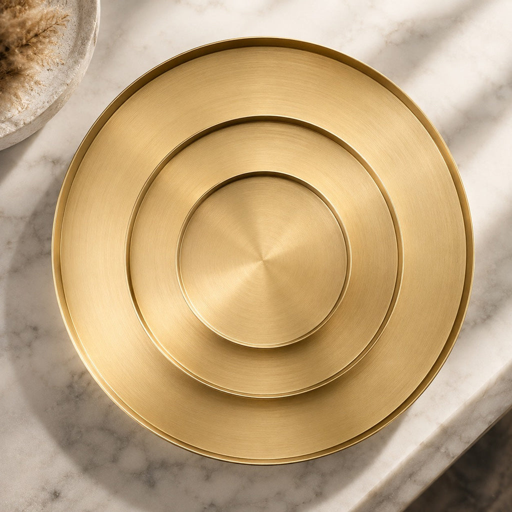 Modern Round Decorative Tray Stainless Steel Gold Finish Versatile Kitchen Organizer 12 Inch | ribuella